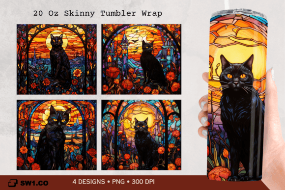 Black Cat Stained Glass Tumbler Wrap PNG