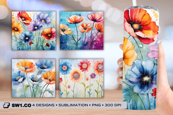 Flowers Painting Tumbler Sublimation PNG