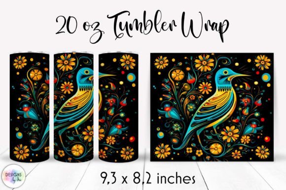Folk Bird with Flowers Tumbler Design