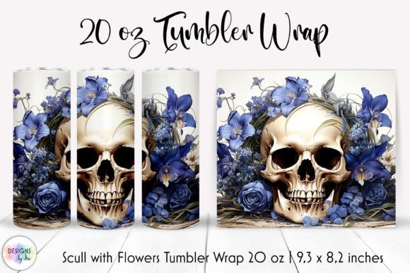 Skull with Blue Flowers Tumbler Wrap PNG